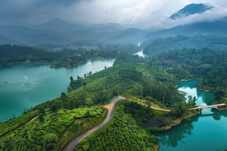 aerial view hill lake with tea plantations forest 641503 79907