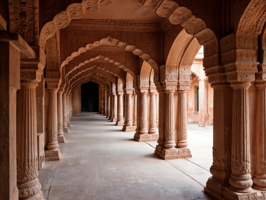 ancient architectural corridor with arches columns