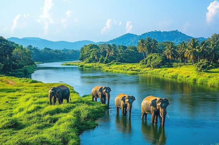 herd elephants wading through river lush tropical landscape 925376 330510