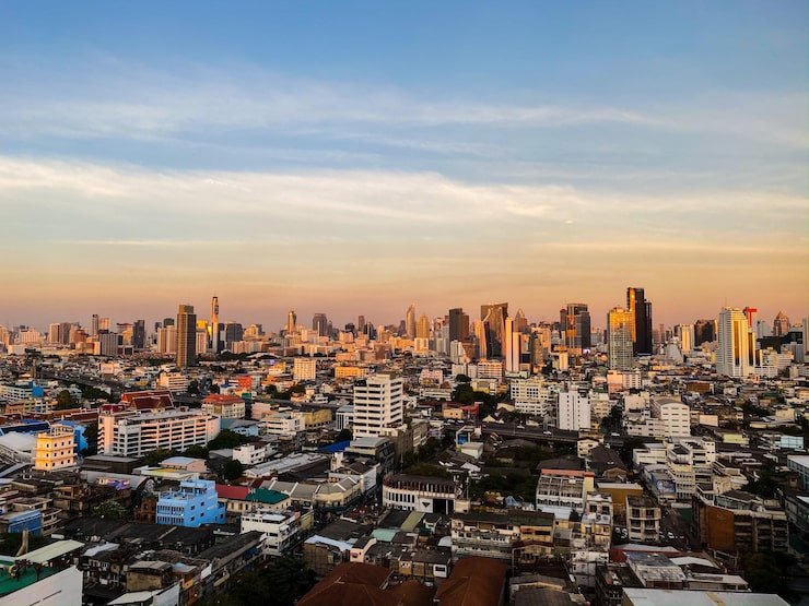 high angle view city buildings against sky sunset 1048944 7629319