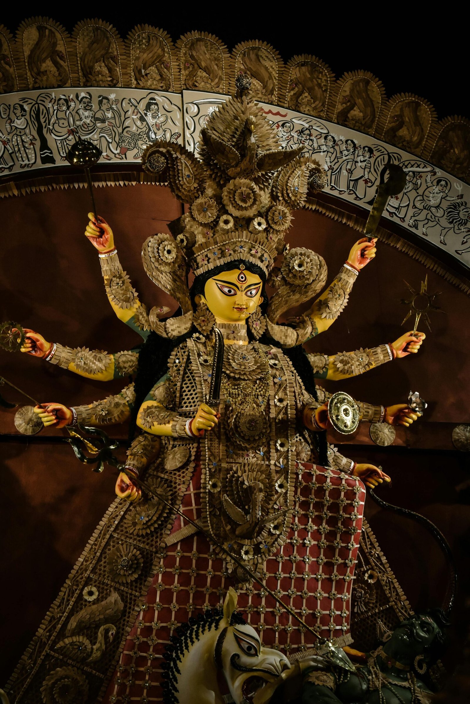 Intricately crafted Durga idol showcasing traditional artistry in Kolkata, India.