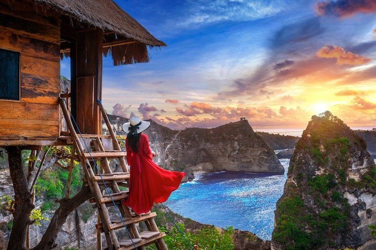 young girl steps house tree sunrise nusa penida island bali indonesia 335224 350
