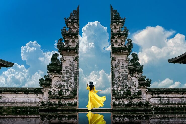 young woman standing temple gates lempuyang luhur temple bali indonesia vintage tone 335224 369